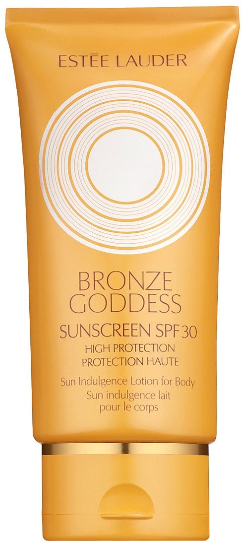 En guldfärgad tub med solkräm, SPF 30, kallad 'Bronze Goddess' av Estée Lauder.