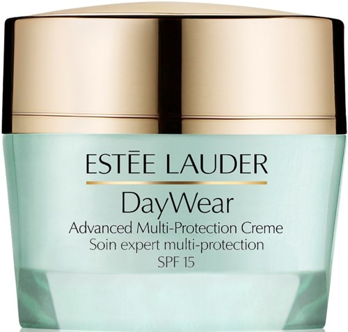 Słoik kremu do pielęgnacji skóry z złotą nakrętką, oznaczone Estée Lauder DayWear, SPF 15, do ochrony twarzy.