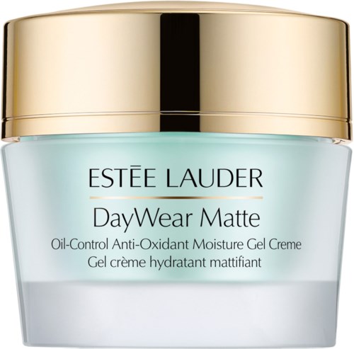 En krukke med Estee Lauder DayWear Matte fuktighetsgivende gel med gullhette og lyseblå beholder.