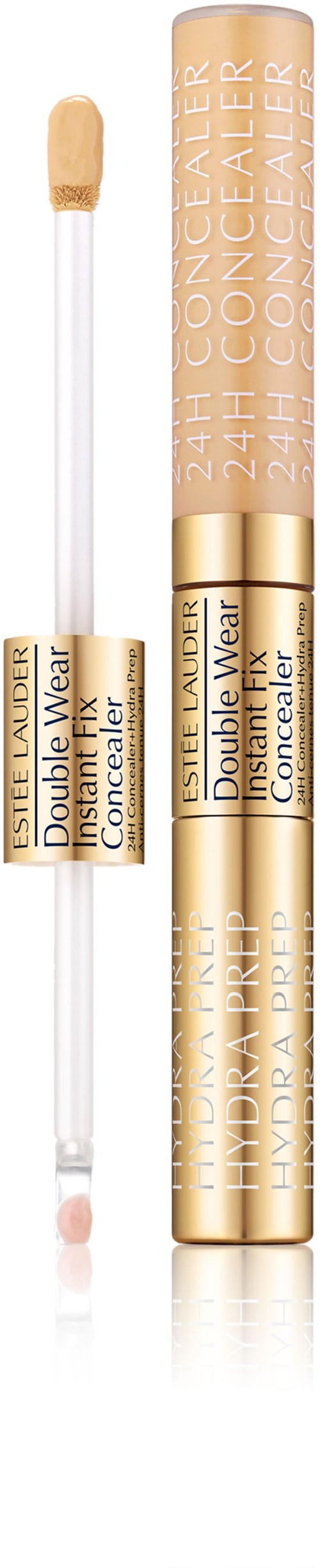 En beige concealer med en genomskinlig applikator och guldlock. Produktnamnet är synligt, betonar 24 timmars hållbarhet.