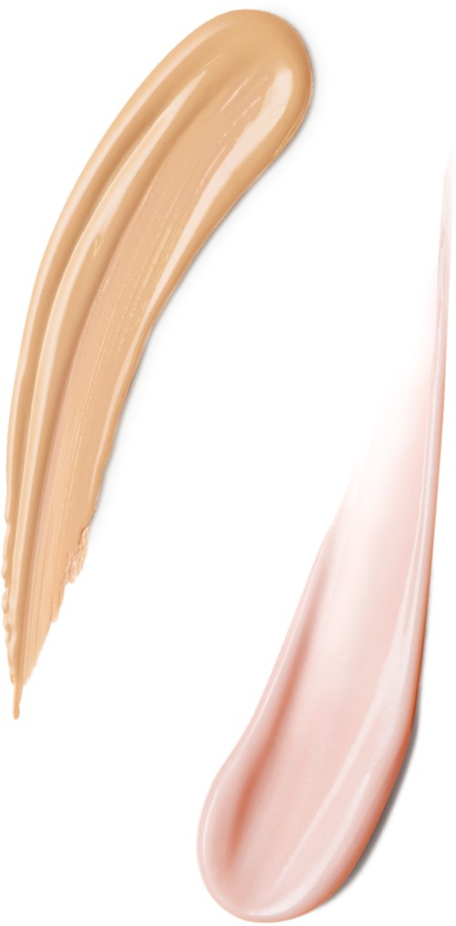 Två olika skuggor av makeup applicerade i släta, kurviga stötar på en vit bakgrund.
