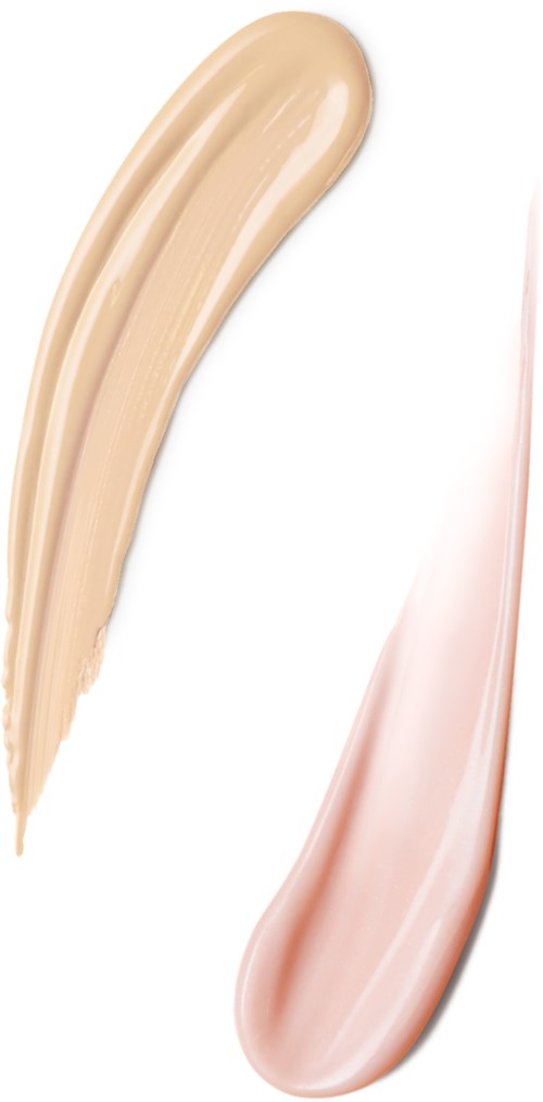 Två färgprover av foundation eller concealer, en beige och en ljusrosa, med släta texturer.