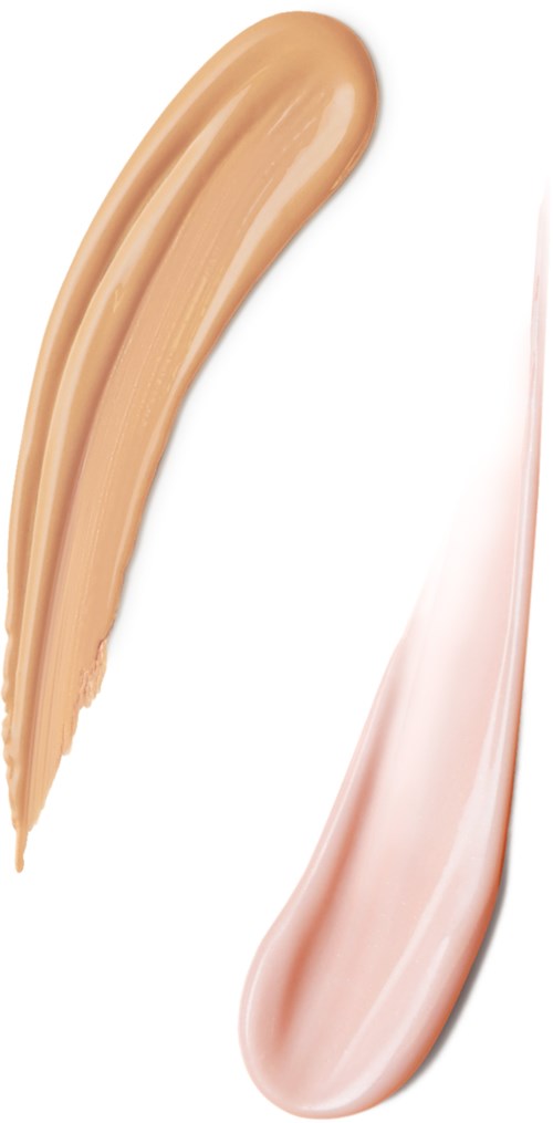 To strøk med foundation eller concealer i beige og lys rosa nyanser på en hvit bakgrunn.