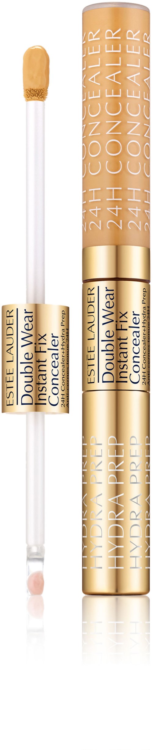 Två guldfärgade tuber av concealer med en applikatorstavn, märkta 24H, från märket L'Oreal. En är öppen.