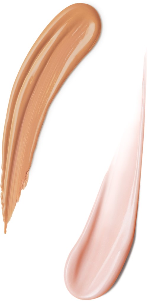 Två långa, curvade makeupstrykningar i nyanser av beige och ljusrosa på vit bakgrund.