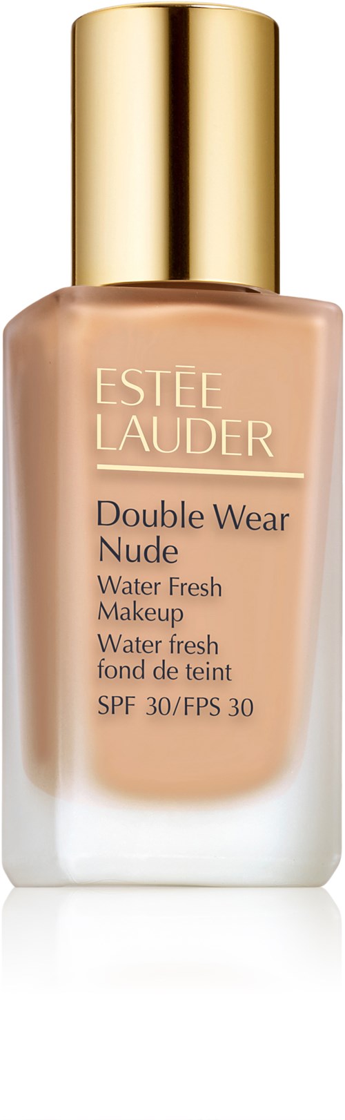 En flaska av Estée Lauder Double Wear Nude Water Fresh Make-up, SPF 30, med guldlock och beige vätska.