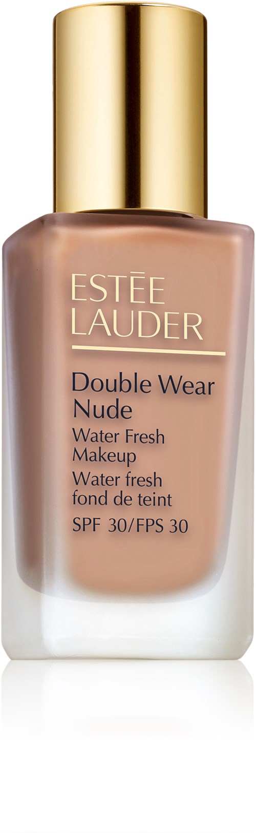 A bottle of Estée Lauder Double Wear Nude foundation with a gold cap and beige liquid inside.