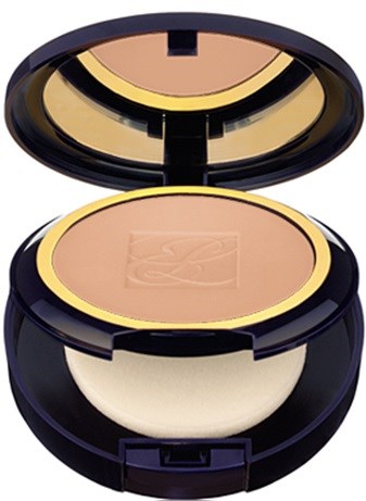 Ein kompaktes Make-up-Produkt mit beigem Puder, Spiegel im Deckel und schwarzem Gehäuse.