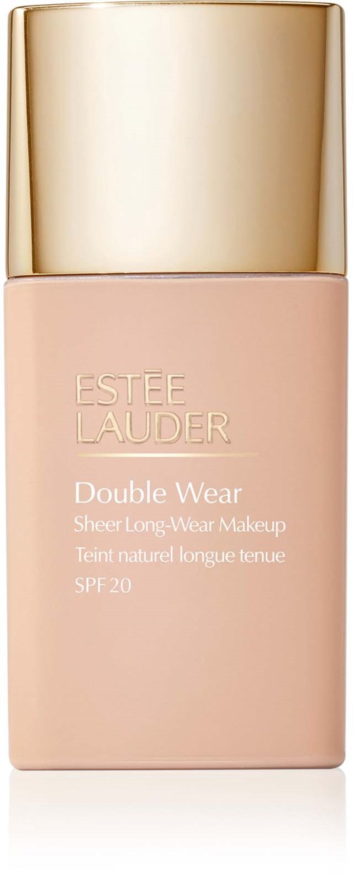 A foundation bottle with a pink body and a gold cap, labeled "Estée Lauder Double Wear Sheer Long-Wear Makeup SPF 20."