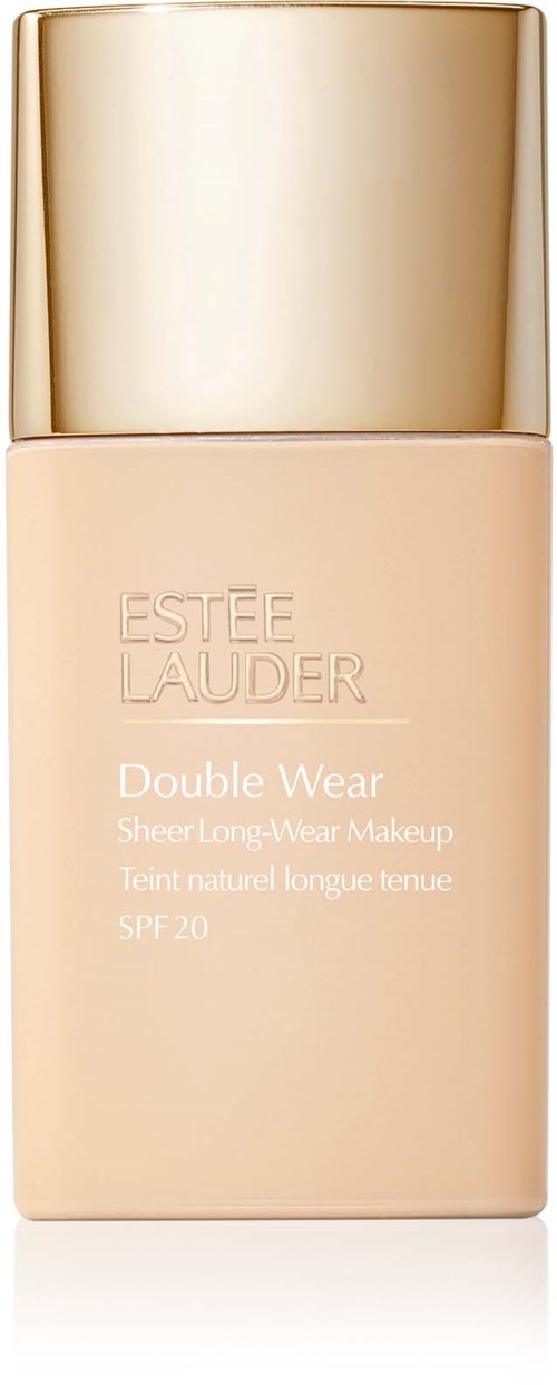 En beige flaska med guldkork för Estée Lauder Double Wear foundation, SPF 20.