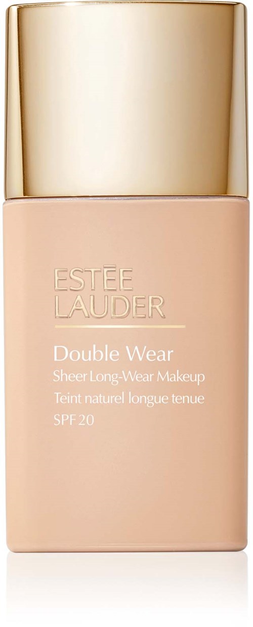 Eine beigen flüssigen Grundierung in einer rechteckigen Flasche mit glänzendem goldenem Deckel. Aus Estée Lauders Double Wear Reihe.