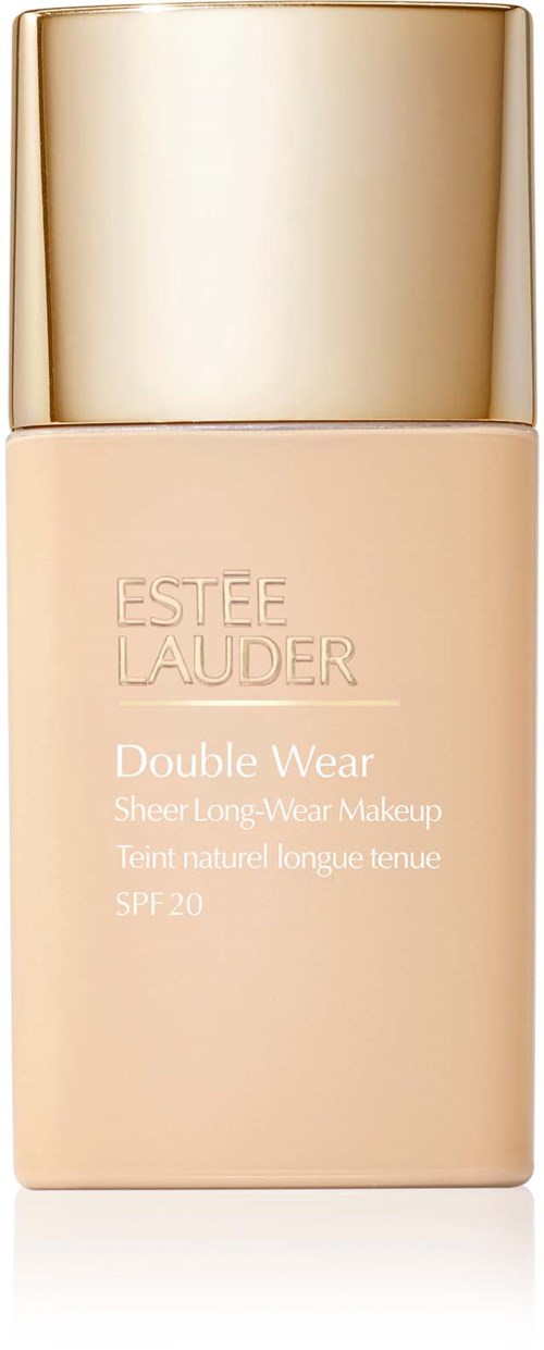 A beige foundation bottle with a gold cap, labeled 'Estée Lauder Double Wear SPF 20' for long-lasting makeup.
