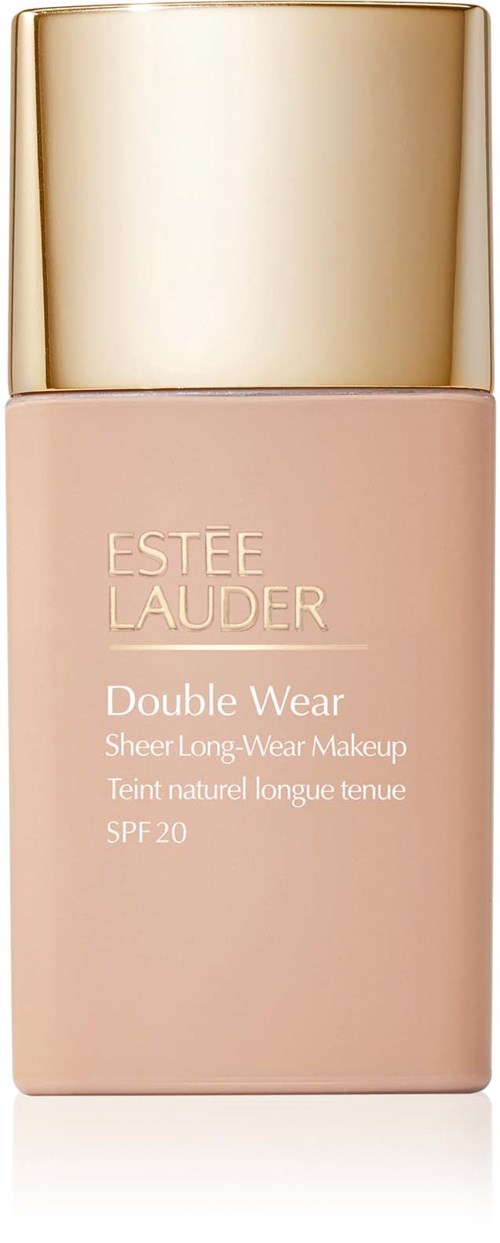 Eine Flasche Estée Lauder Double Wear Foundation mit beiger Flasche und goldener Kappe.