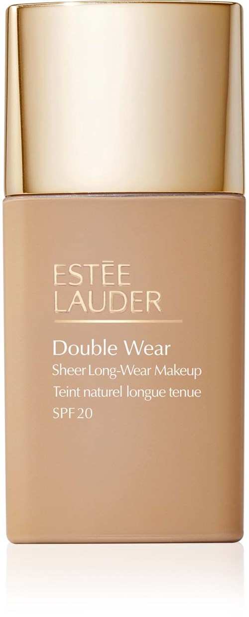 Butelka podkładu Estée Lauder Double Wear z złotą zakrętką i beżową cieczą.