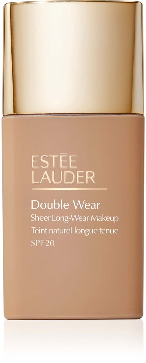 Eine beige Foundation-Flasche mit goldener Kappe, beschriftet 'Estée Lauder Double Wear SPF 20'.