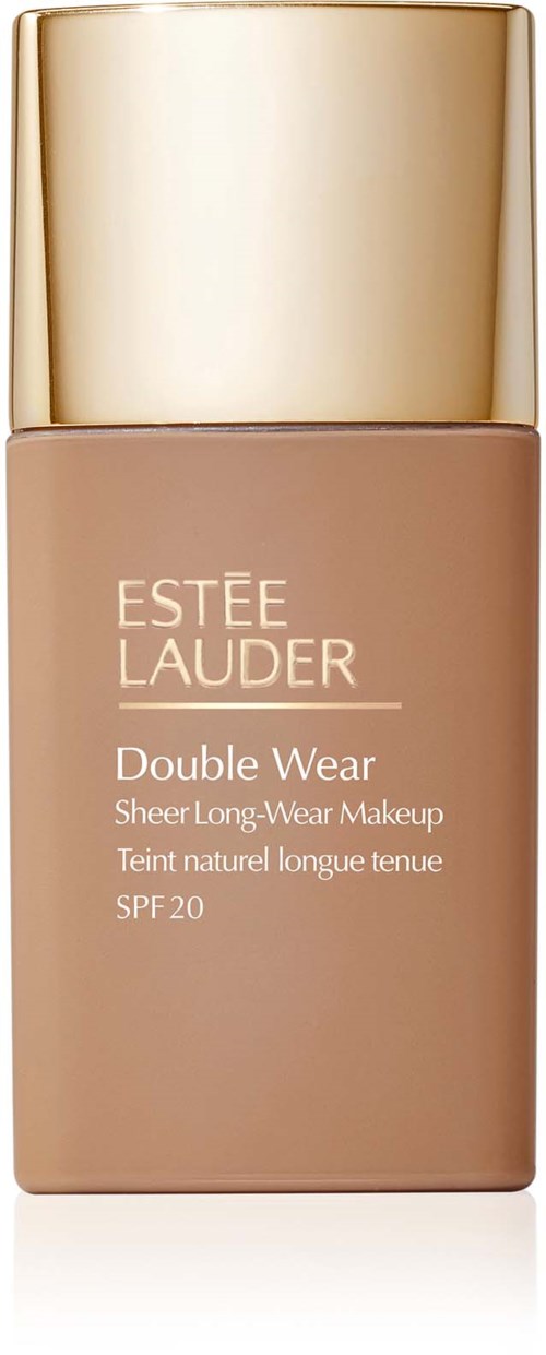 Butelka podkładu Estee Lauder Double Wear z złotą nakrętką i beżową cieczą.