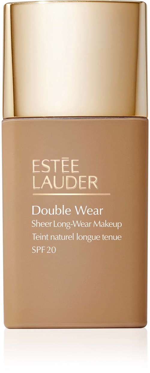 Eine beige Flasche mit goldener Kappe, beschriftet Estée Lauder Double Wear, bietet langlebiges Foundation mit SPF 20.