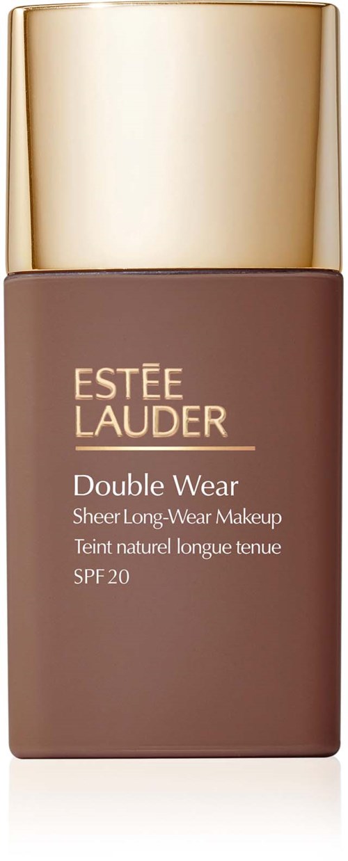 Ein Make-up-Flasche mit Goldkappe und braunem Körper, beschriftet "Estée Lauder Double Wear Sheer Long-Wear Makeup SPF 20."