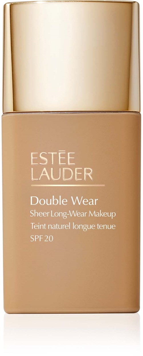 Eine Flasche Estée Lauder Double Wear Foundation mit goldener Kappe und beigem Körper. Es ist ein langanhaltendes Make-up mit SPF 20.