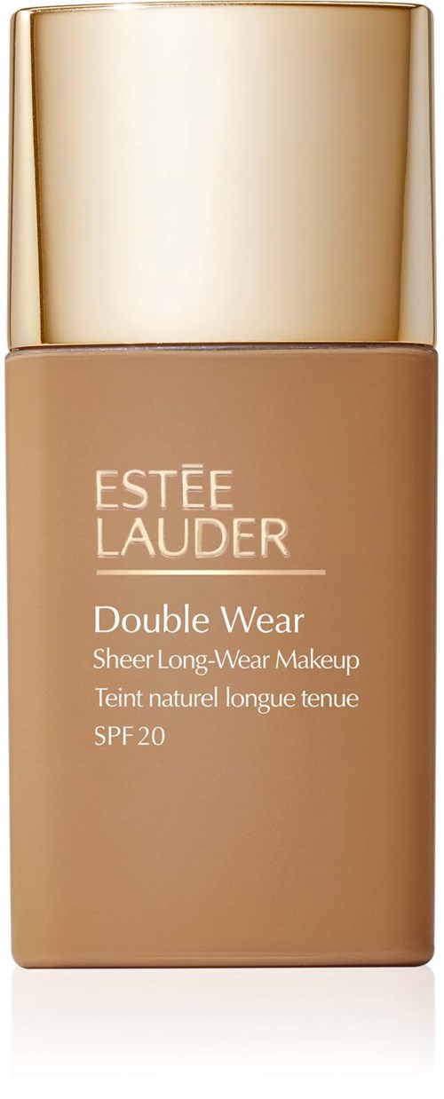 Eine Flasche Estée Lauder Double Wear Foundation mit goldenem Deckel, zeigt lange Haltbarkeit und SPF 20.