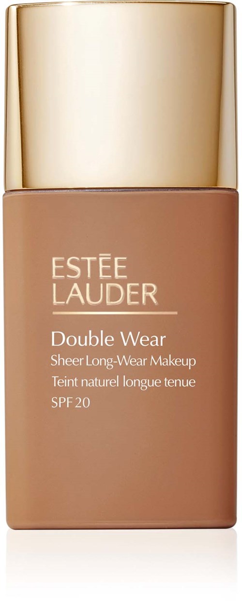 Eine Flasche Estee Lauder Double Wear Foundation mit goldener Kappe und beigem Körper.