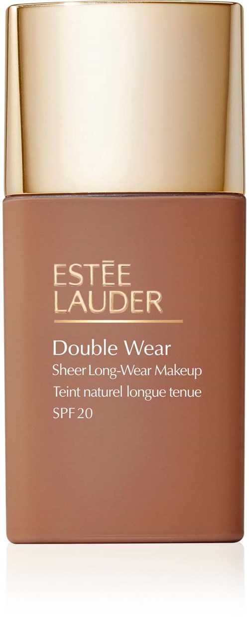 Eine Flasche Estée Lauder Double Wear Foundation, mit goldener Kappe und beiger Beschriftung, behauptet langlebig, SPF 20.