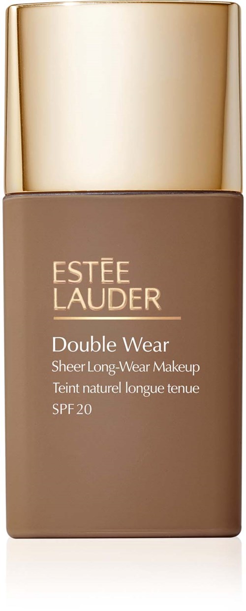 Eine Foundation-Flasche mit goldener Kappe und beigem Körper, beschriftet Estée Lauder Double Wear.