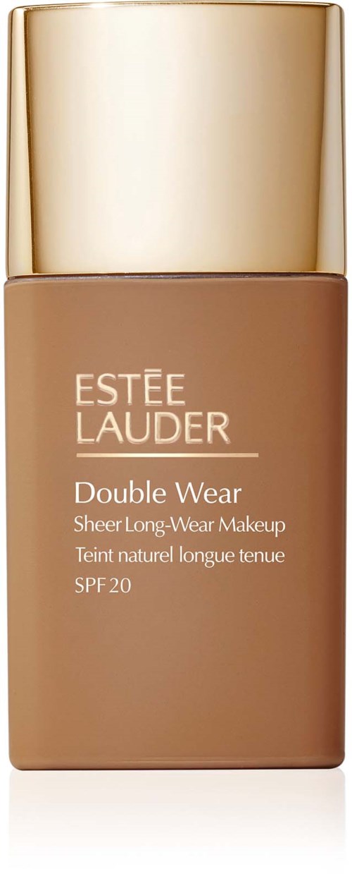 Eine Flasche Estée Lauder Double Wear Foundation mit goldener Kappe und beigem Etikett.