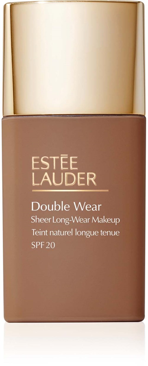 A foundation bottle with a gold cap and brown liquid, labeled Estée Lauder Double Wear SPF 20.