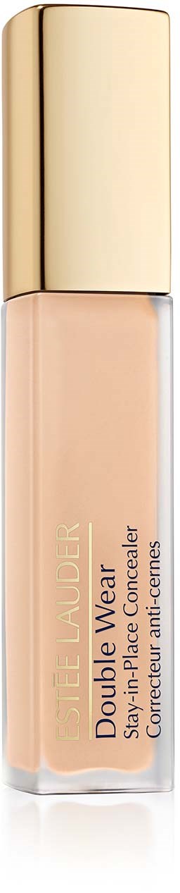 En beige flytende concealer i en klar flaske med gullhette. Teksten sier 'Double Wear Stay-in-Place Flawless Wear Concealer.'