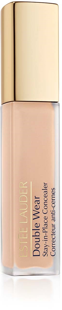 En beige flytende concealer i en klar flaske med gullhette, merket Estée Lauder Double Wear Stay-in-Place.