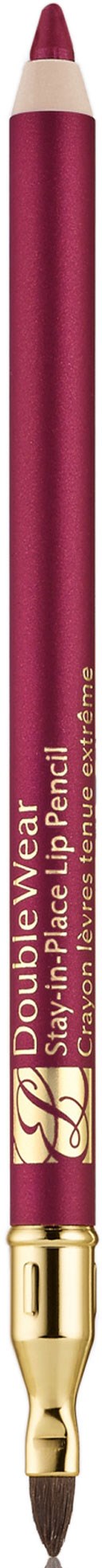 En rosa leppestiftsblyant med gulldetaljer, merket 'Double Wear Stay-in-Place Lip Pencil' og en gullspiss.