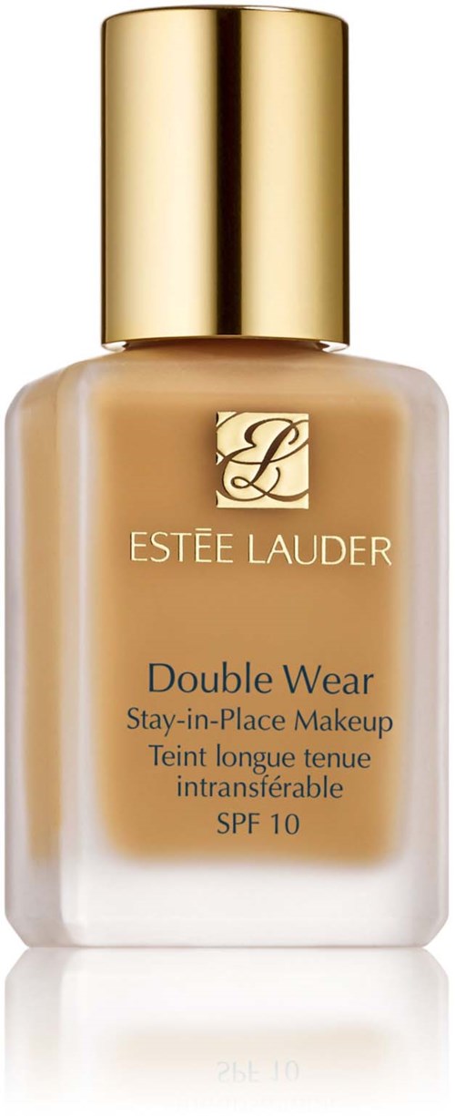 A bottle of Estée Lauder Double Wear foundation with a gold cap and beige liquid inside.