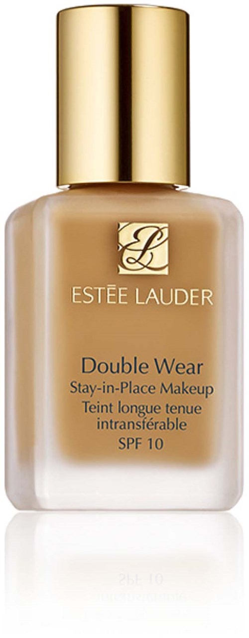 Estee Lauder Double Wear foundation bottle with gold cap and beige liquid inside.