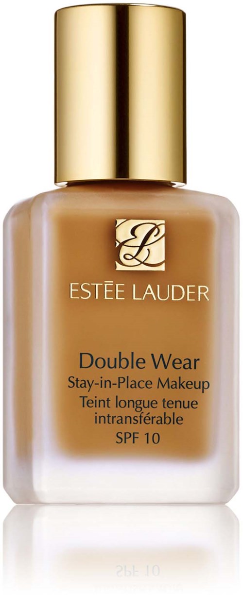 En foundationflaska med guldkork och beige flytande, märkt 'Estée Lauder Double Wear' med solskydd SPF 10.