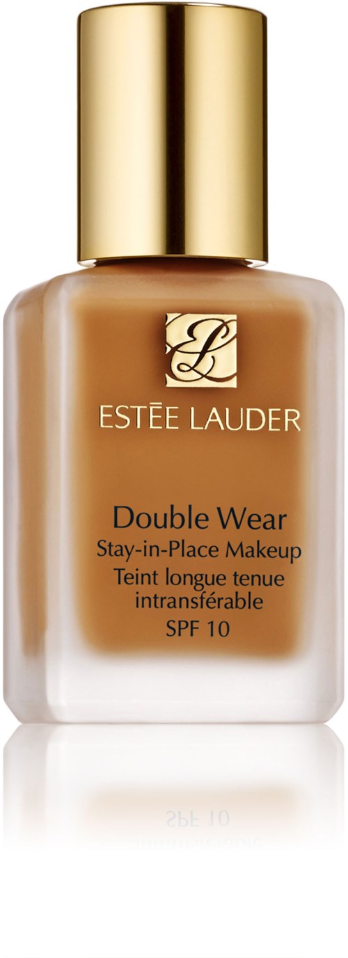 Eine Flasche Estée Lauder Double Wear Foundation mit goldener Kappe und beiger Flüssigkeit.