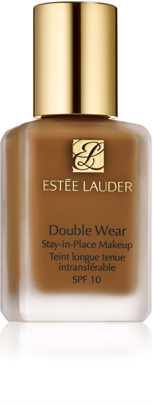 En flaska av Estee Lauder Double Wear foundation med en guldlock och beige flytande inuti.