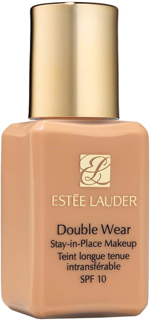 Beige nagellackflaska med guldlock och Estée Lauder-logotyp. Texten beskriver Double Wear foundationen med SPF 10.