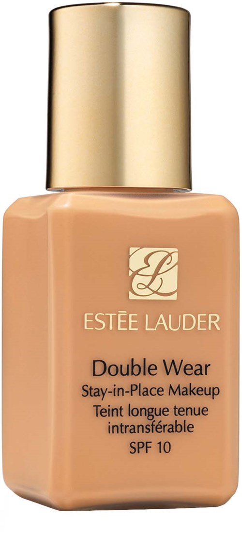 En flaske med Estée Lauder-grunnlag med gullhette, merket Double Wear, SPF 10, i beige emballasje.