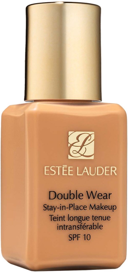 A bottle of Estée Lauder Double Wear foundation with a gold cap, labeled as long-lasting, transfer-proof, with SPF 10.