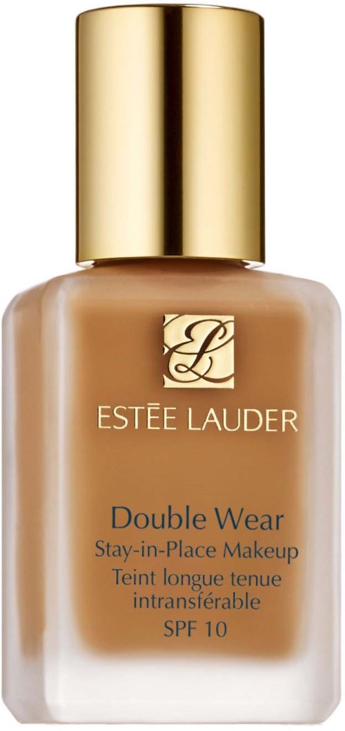 Eine beigen Foundation-Flasche mit goldener Kappe und Etikett, gekennzeichnet Estée Lauder Double Wear, SPF 10.
