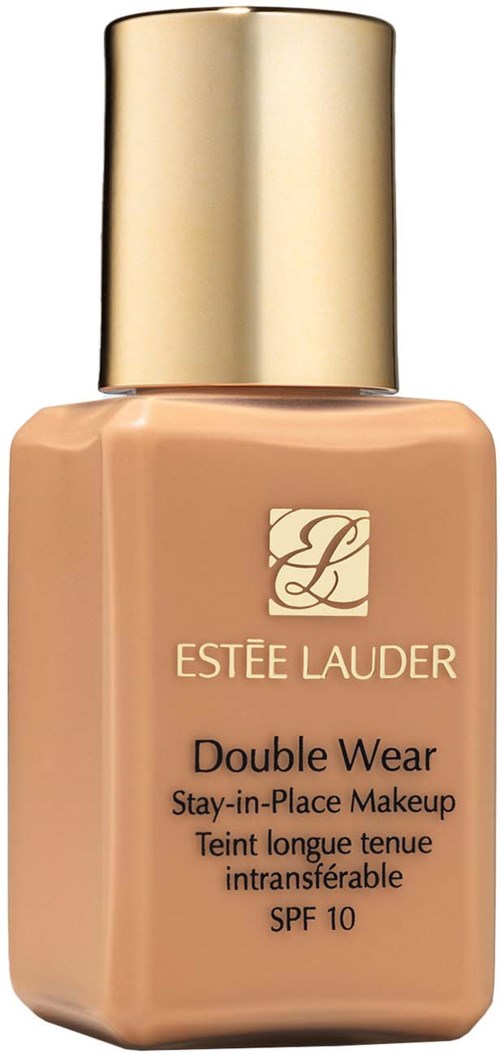 A beige glass bottle of Estée Lauder Double Wear foundation with a gold cap, labeled with product details.