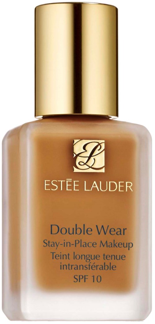Eine beige Foundation-Flasche mit goldener Kappe und Estée Lauder-Logo, beschriftet Double Wear, SPF 10.