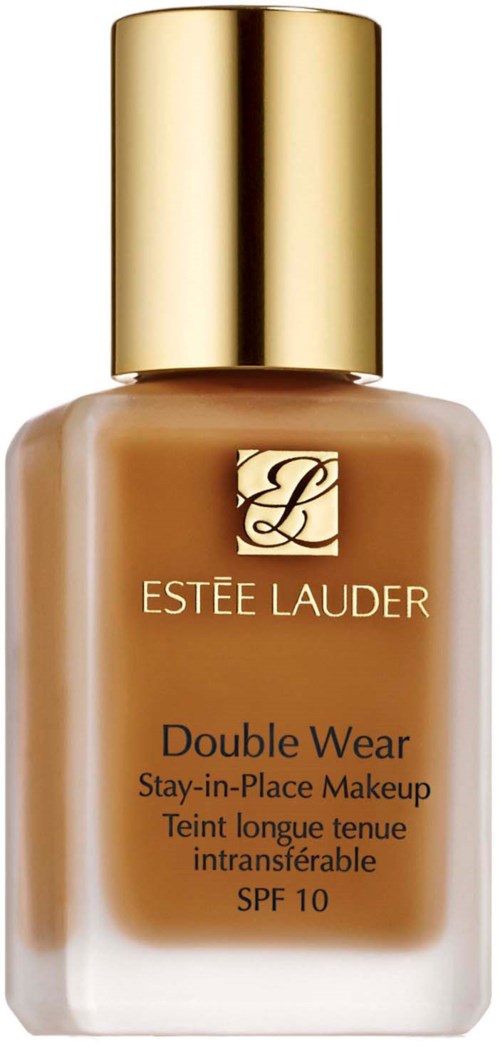 Eine Foundation-Flasche mit goldener Kappe, in Beige- und Brauntönen, beschriftet 'Estée Lauder Double Wear' mit SPF 10.