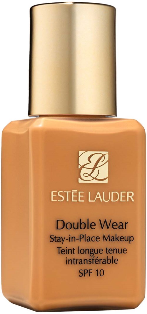 A bottle of Estée Lauder Double Wear foundation with a gold cap and beige liquid inside.