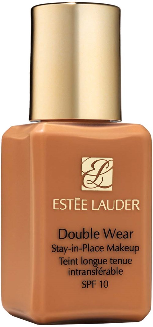 Butelka podkładu Estée Lauder Double Wear z złotą nakrętką i beżową płynem w środku.