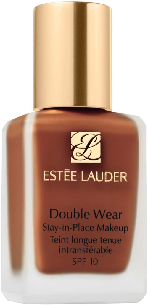 Eine braune Flasche mit Estée Lauder Double Wear Make-up und goldener Kappe. Das Etikett zeigt den Produktnamen und SPF 10.