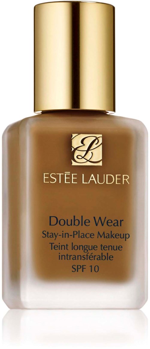 Eine beigen Flasche von Estée Lauder Double Wear Foundation mit goldener Kappe, mit Produktdetails und SPF 10.
