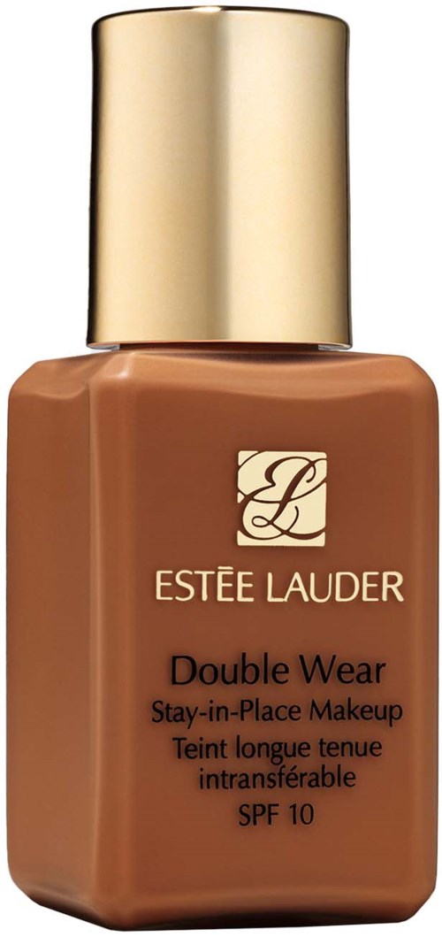 Bottle of Estée Lauder Double Wear foundation with a gold cap and brown liquid inside.