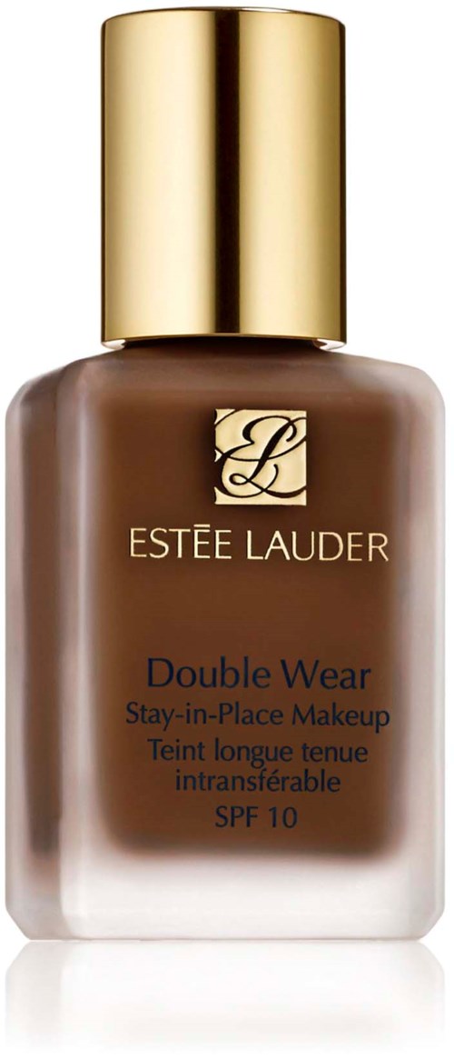Eine braune Flasche mit Goldkappe für Estée Lauder Double Wear Make-up, mit Produktdetails und SPF 10.
